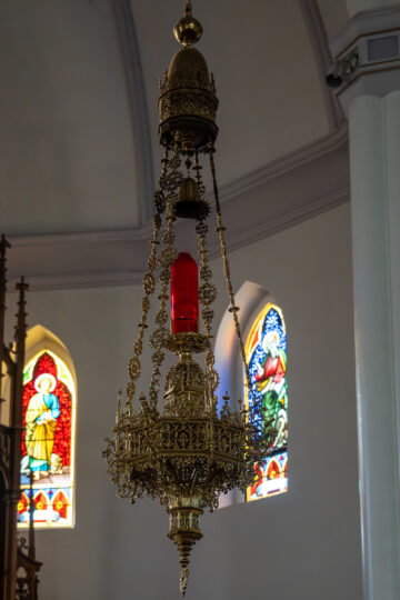 Interior vaulted ceilings of Holy Trinity Catholic Church in Okarche Oklahoma.