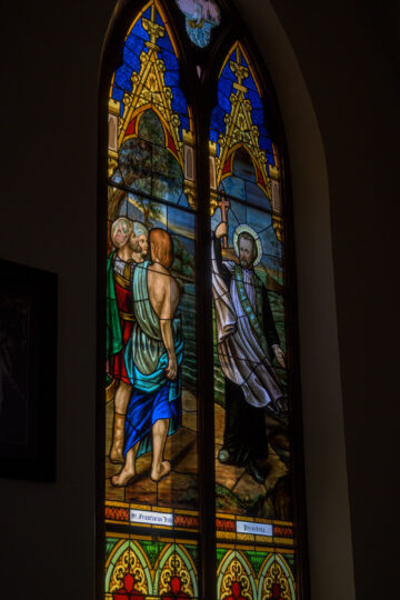 Architectural entrance of Holy Trinity Catholic Church in Okarche Oklahoma.