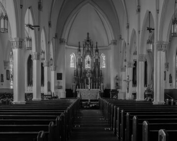 Entrance doors of Holy Trinity Catholic Church in Okarche Oklahoma.