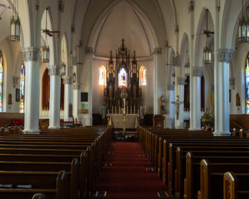 Decorative ceiling and interior architecture at Holy Trinity Catholic Church in Okarche Oklahoma.