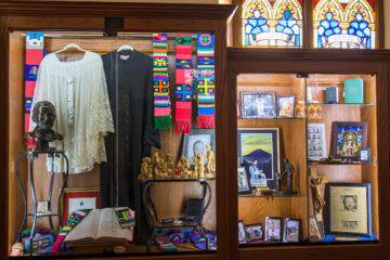 Interior view of the nave at Holy Trinity Catholic Church in Okarche Oklahoma.