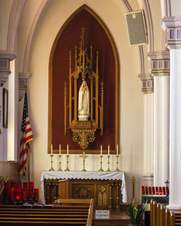 Architectural detail of the church spire at Holy Trinity Catholic Church in Okarche OK.